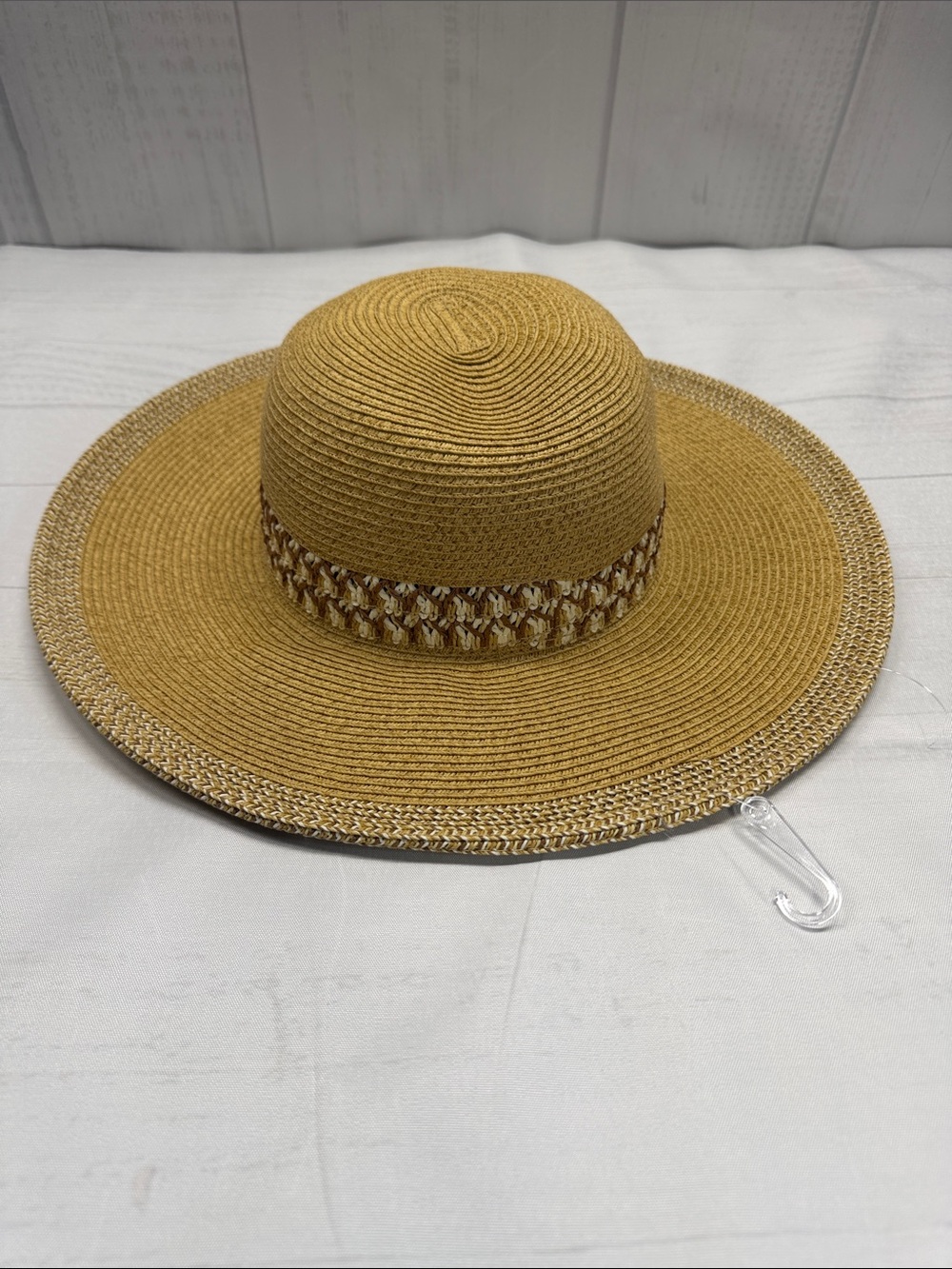 Nine West NWT Natural Tan Wide Brim Straw Woven Trim UPF 50 Packable Sun Hat